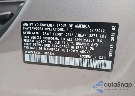 2012 Volkswagen Passat 2.5L Sel Premium из США, поврежденный, VIN 1VWCP7A34CC081224